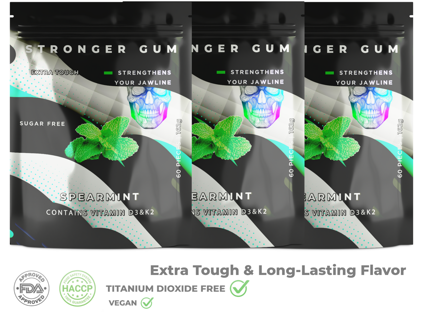 Stronger Gum EXTRA STARK | Spearmint, Zuckerfrei, 60 Stück (162g) - Bester Kaugummi für die Jawline
