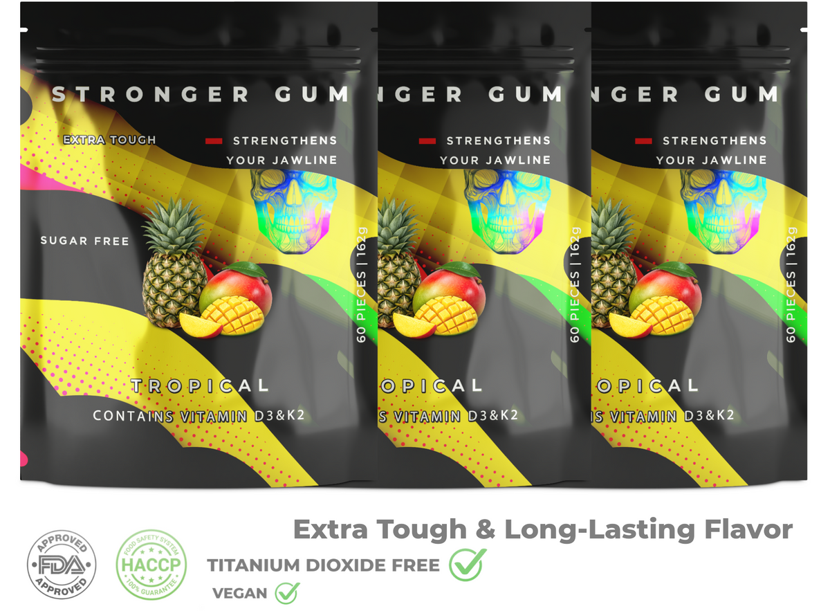 Stronger Gum Extra Tough: Tropical Sugar Free, 60 Pieces (162g) - Hard Gum | Optimal Shore Rigidity for Jaw Growth