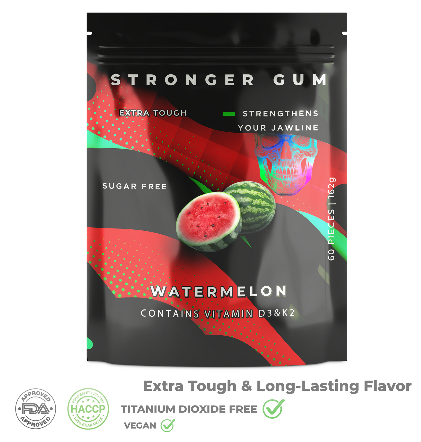 Stronger Gum EXTRA STARK | Wassermelone, Zuckerfrei, 60 Stück (162g) - Bester Kaugummi für die Jawline