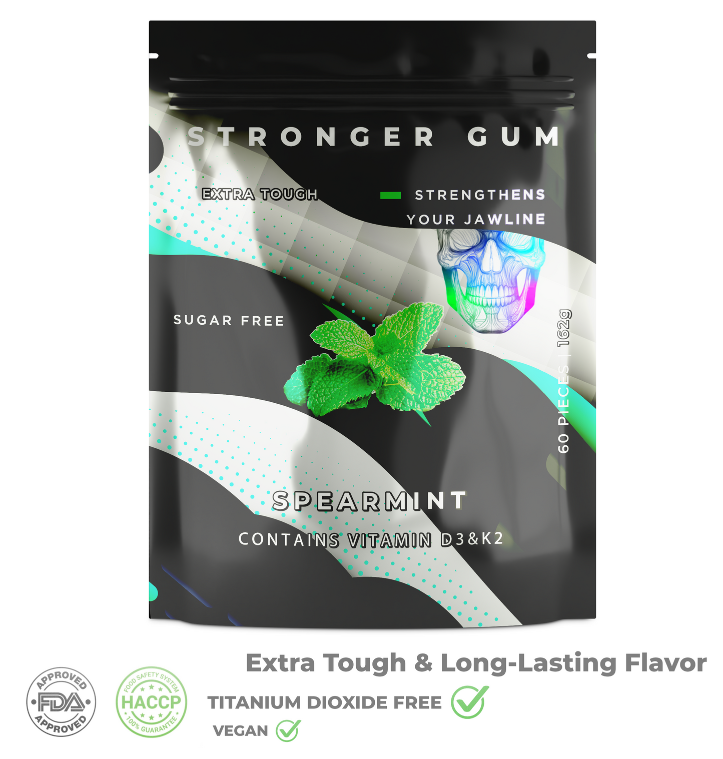 Stronger Gum EXTRA STARK | Spearmint, Zuckerfrei, 60 Stück (162g) - Bester Kaugummi für die Jawline